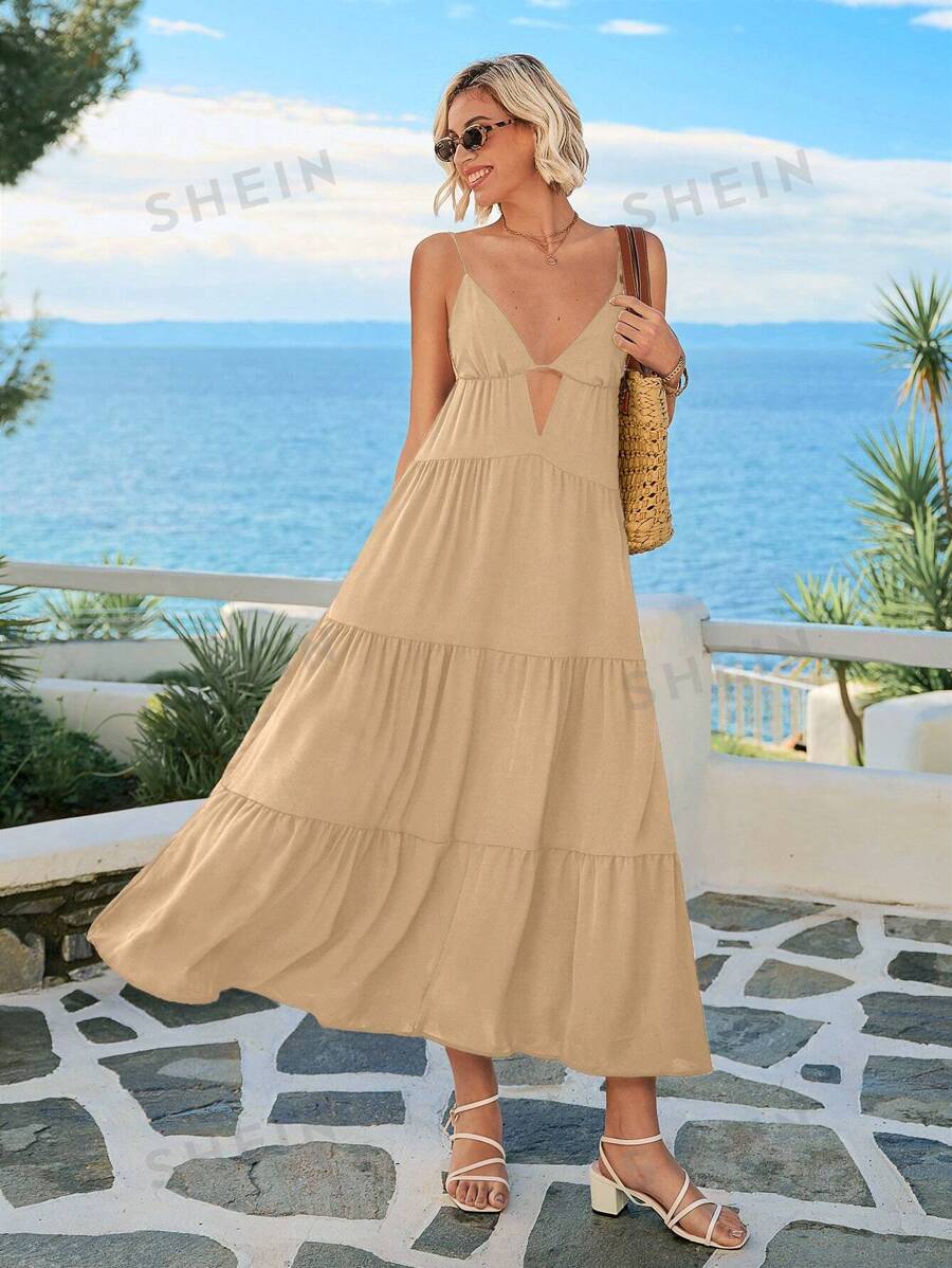 SHEIN VCAY Vestido largo de verano para mujer con tirantes, abertura frontal y volantes en el bajo