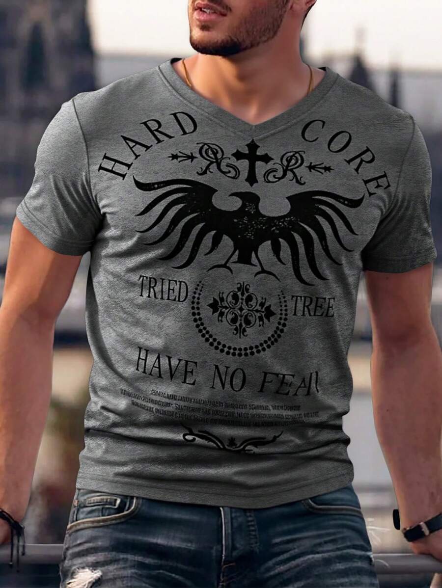 Manfinity LEGND Men's V-Neck Short Sleeve Printed Simple T-Shirt, Casual Everyday Wear