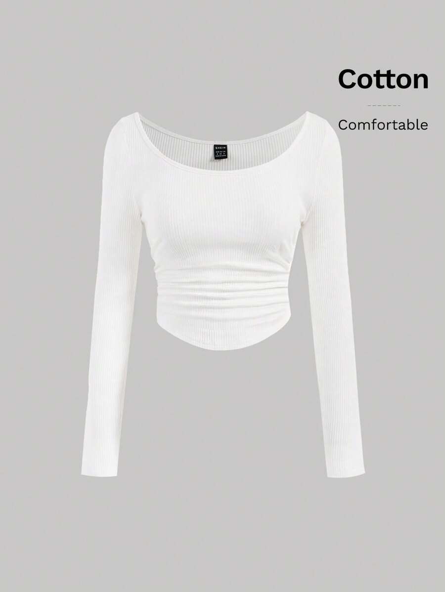 SHEIN MOD Scoop Neck Ruched Side Curved Hem Long Sleeves Slim Fit White Crop Tee