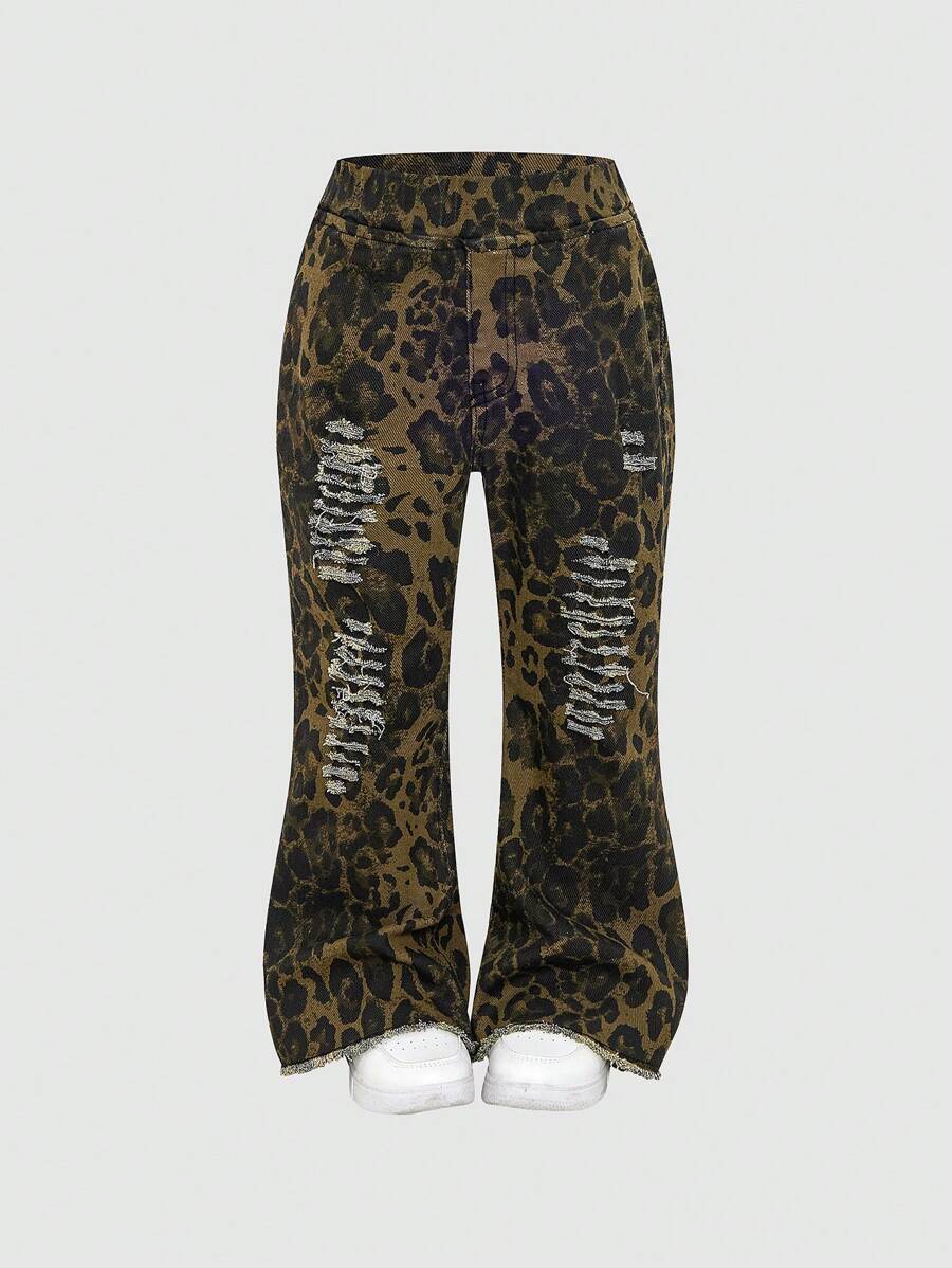 Girls (Toddler) New Fashion Casual Leopard Print Distressed Elasticated Denim Flare Jeans