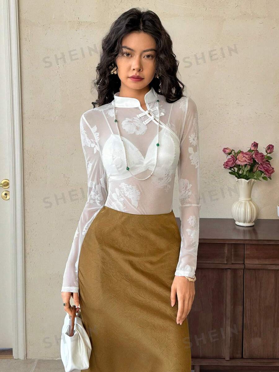 EastFlair Blusa de manga larga con pliegues y patrón floral en malla, estilo oriental