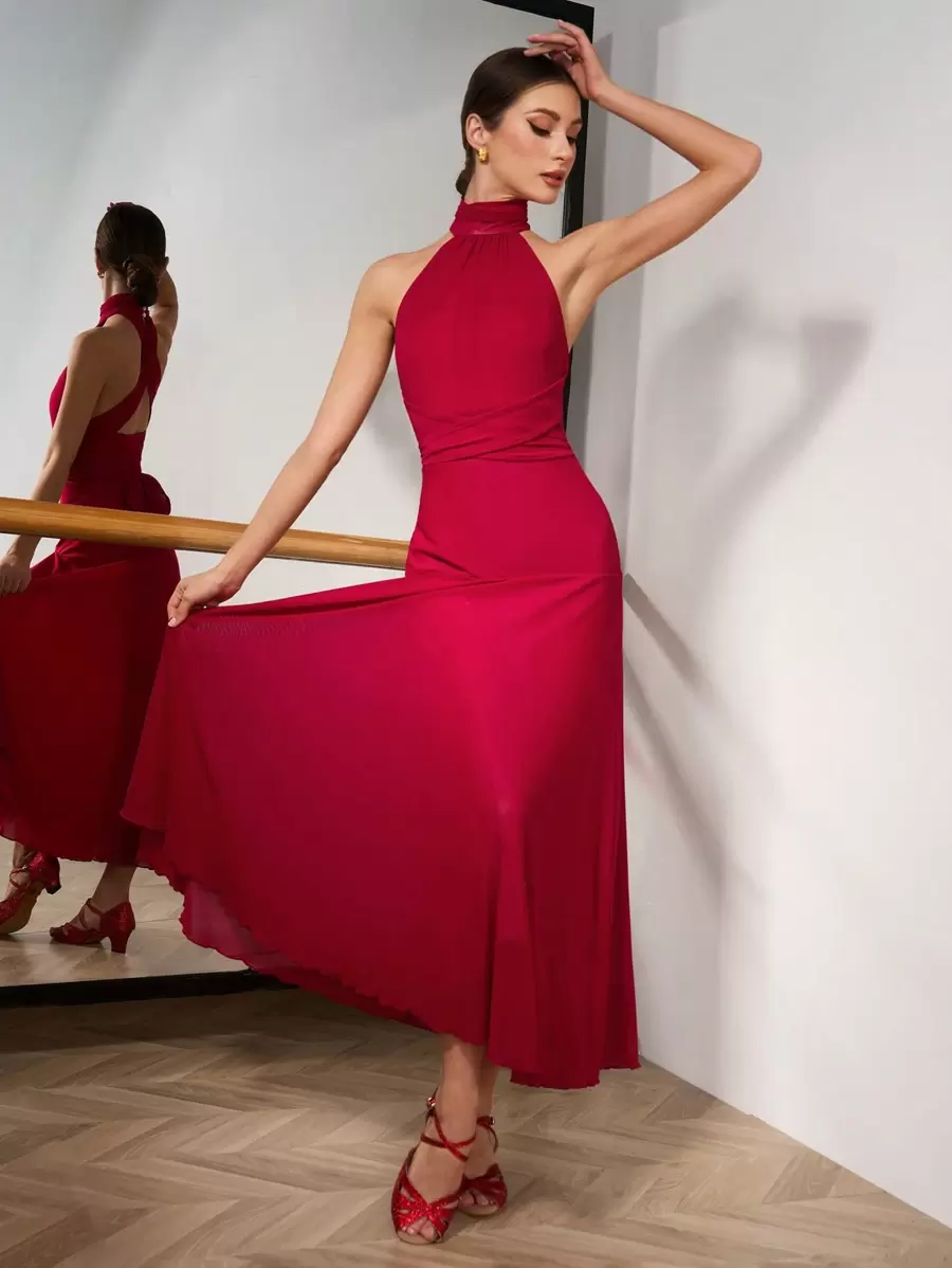 Mulvari Elegant Solid Color Backless Halter Neck Dress, Comfortable Dance Wear Latin Dancewear Ballet Tutus Ballroom Dance Dresses/Skirts Dancewear/Dance Costumes/Dance Dresses/Dance Skirts