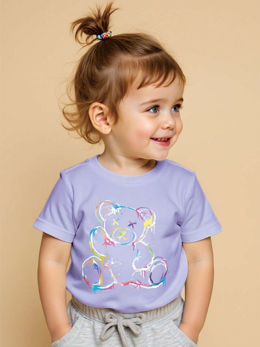 Baby Girls' Colorful Splatter Paint Bear Print Casual Round Neck Short Sleeve T-Shirt, Summer