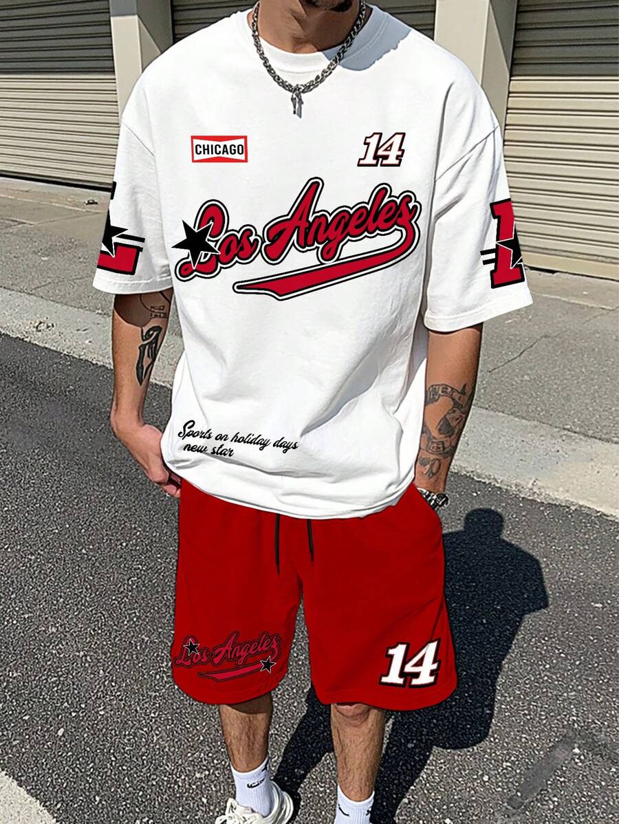 Manfinity EMRG Men's Letter Print Crew Neck Short Sleeve Casual T-Shirt And Drawstring Waist Shorts Set