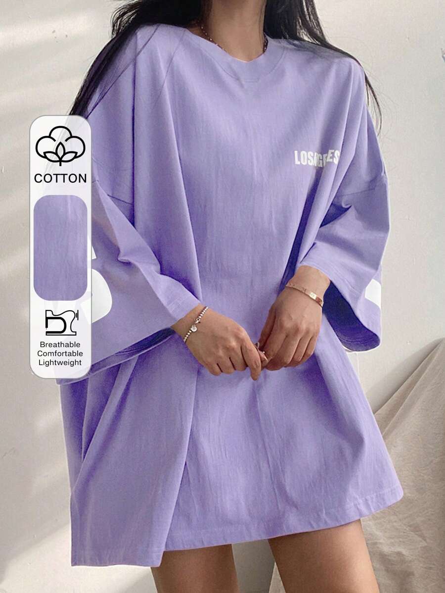 DAZY Camiseta de verano casual de ajuste holgado para mujer con cuello redondo, hombros caídos y estampado de letras en talla grande