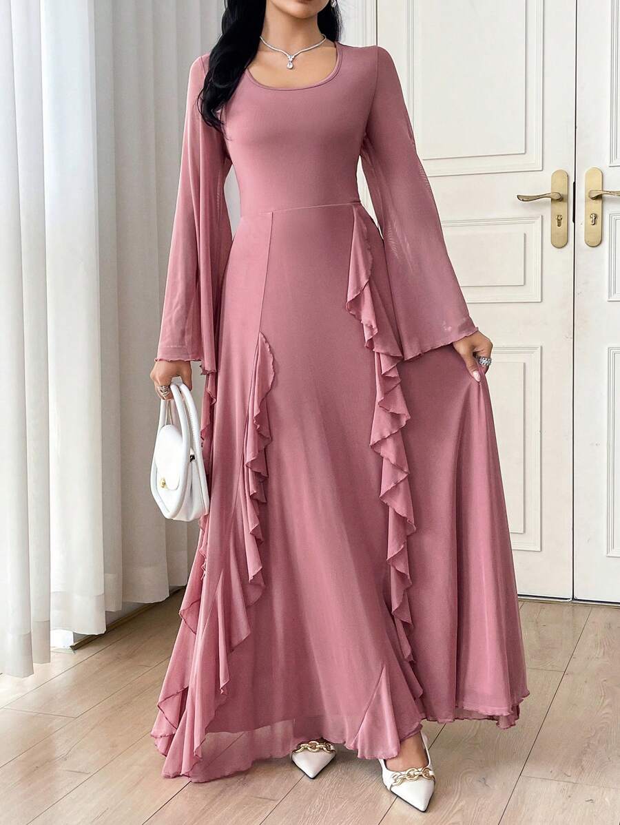 Modelyn Women's Long Ruffled Bell Sleeve Elastic Elegant Romantic Mesh Dress