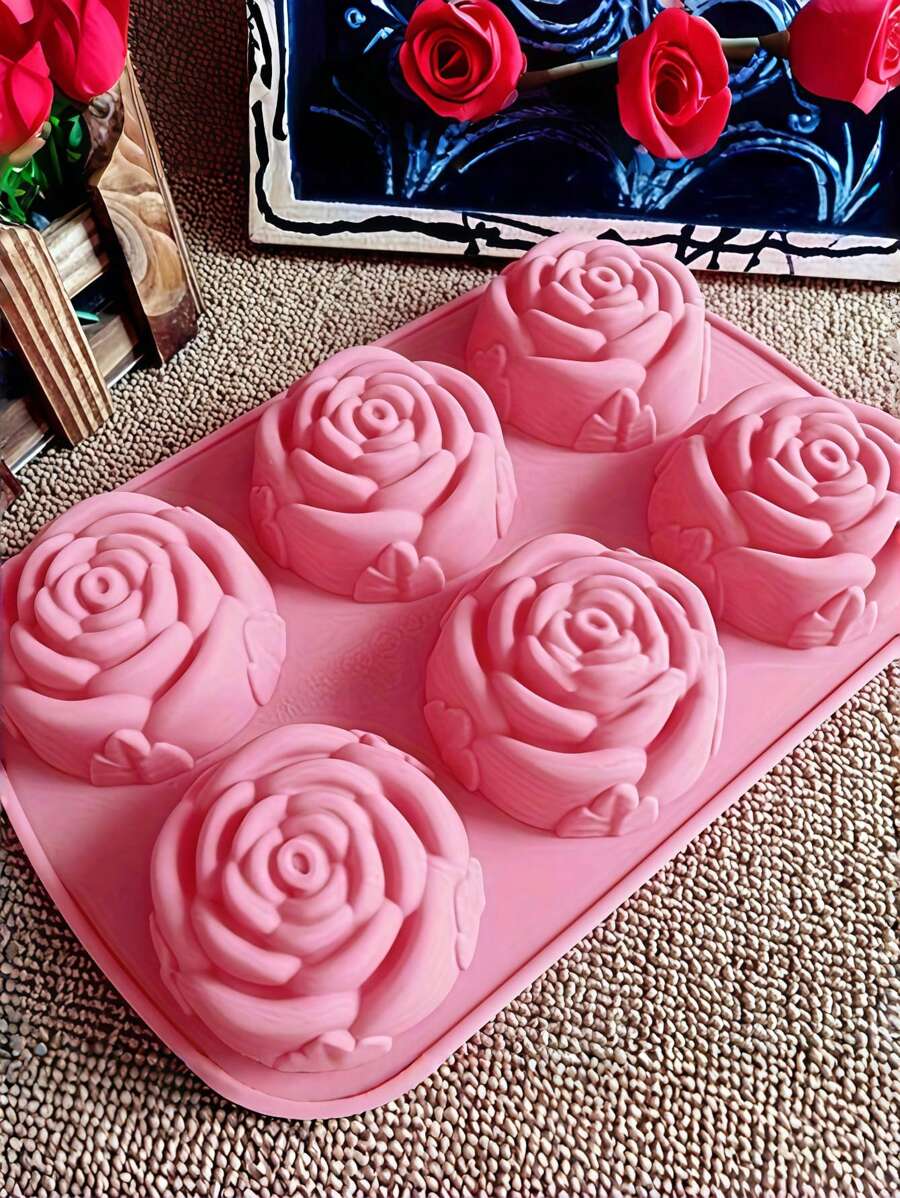 SHEIN 1 Stück rosa 6-fach Rose Blumen geformte Silikon Seifenform, hitzebeständig, DIY handgemachte Seifenherstellung Form