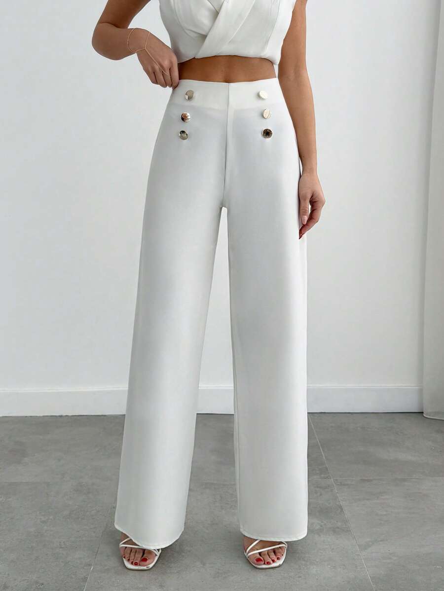 SHEIN PANTALON ÉVASÉ À TAILLE HAUTE AVEC BOUTONS DORÉS ET PLIS