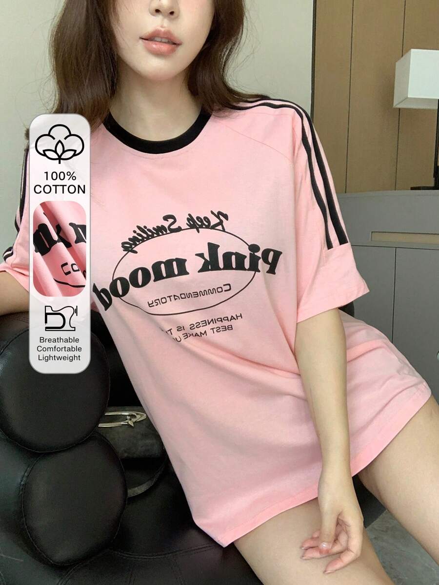 DAZY Women Summer Slogan Striped Printed Round Neck Raglan Sleeve Short Sleeve Casual T-Shirt,Graphic Tees