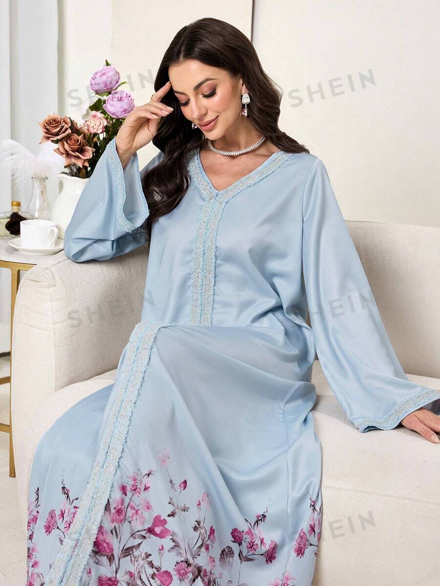 Al Najma Vestido modesto de estilo árabe con impresión floral, patchwork y cuello en V de manga larga con cinta