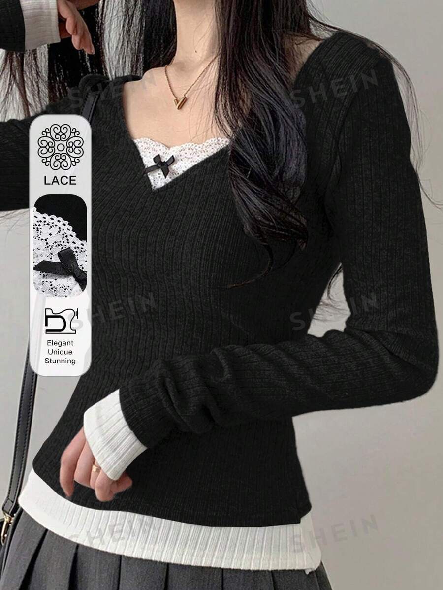 DAZY Camiseta casual de mujer con cuello en V, con decoración de encaje y lazo, diseño de contraste de color, ajustada, adecuada para otoño