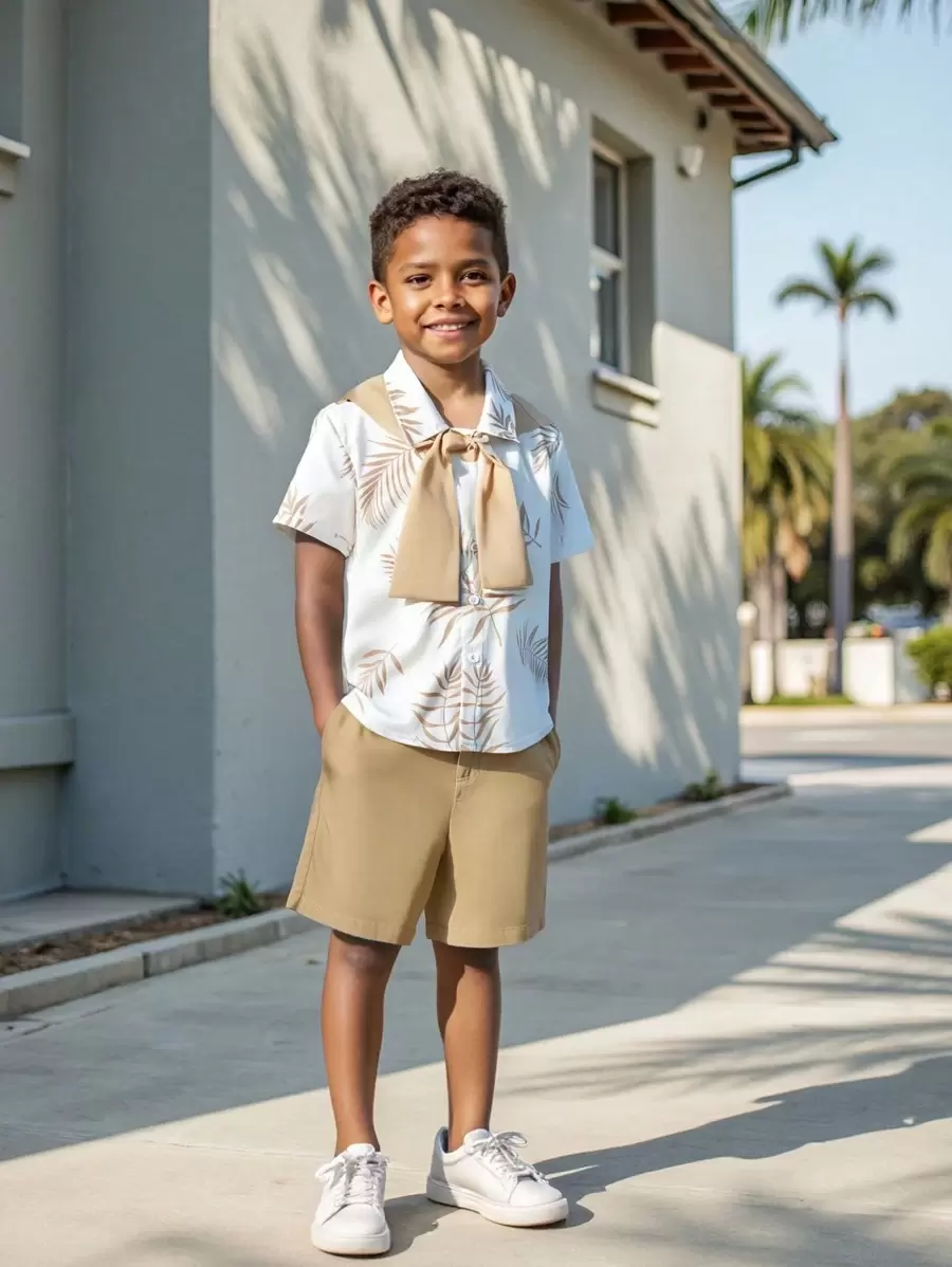 Set de 2 piezas con Top de manga corta con botones estampada y pantalones cortos para niño pequeño