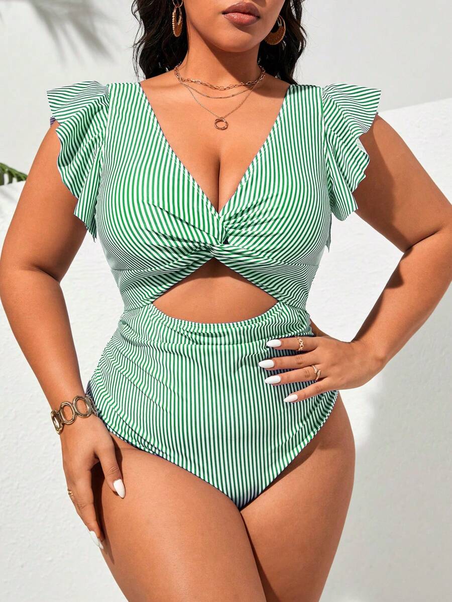Swim Lushoire Maillot de bain une pièce sexy à la mode avec col en V rayé, taille ajourée, pour femmes grande taille. Tenue de vacances