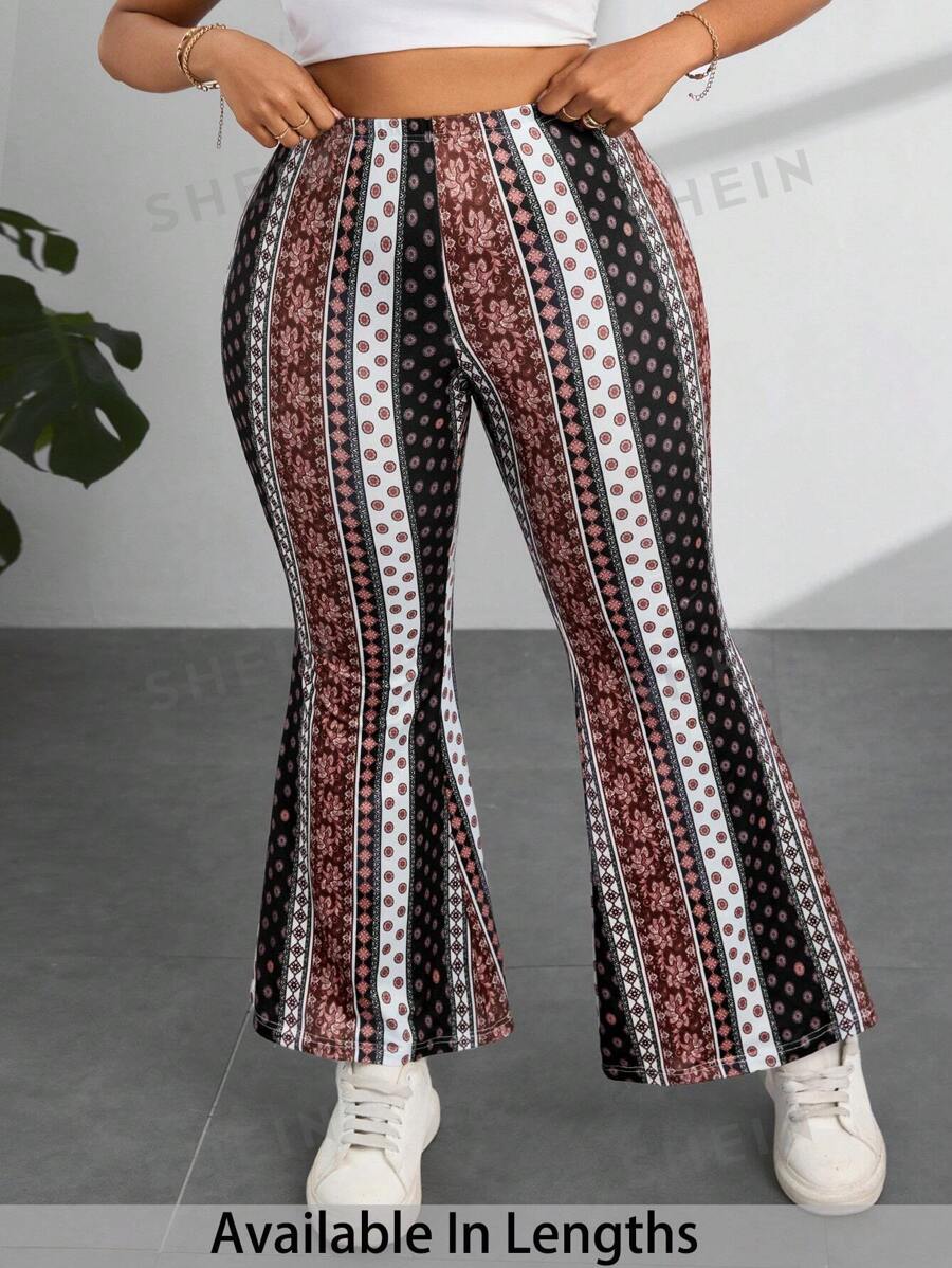 SHEIN PETITE CURVE Pantalones holgados casuales con estampado floral pequeño para mujer de tallas grandes
