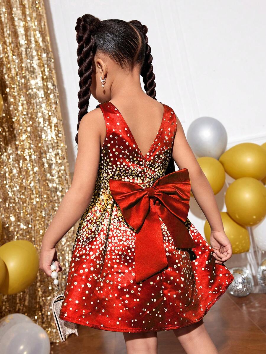 SHEIN Young Girl V-Neck Bow Decor Sleeveless Christmas Party Dress