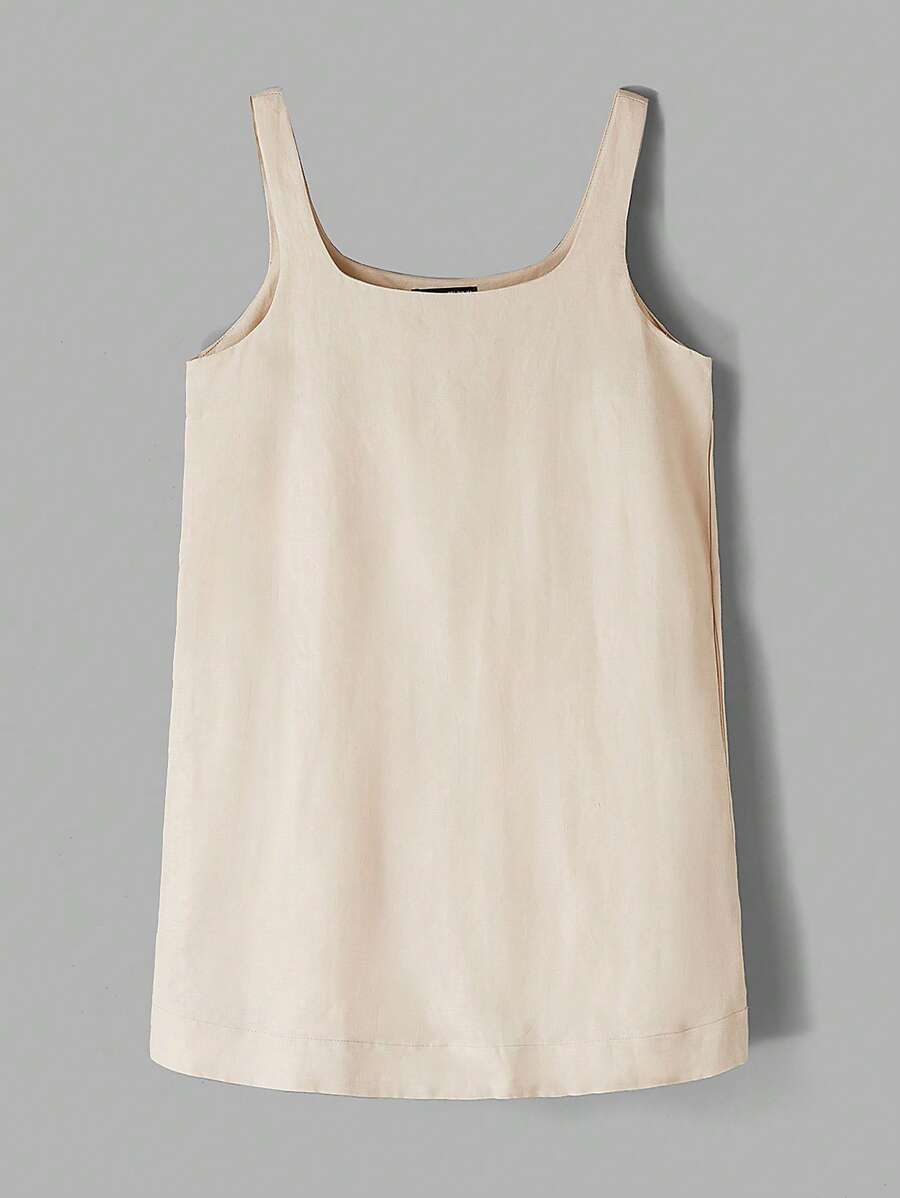 Ontre Robe Camisole En Mélange De Lin Pour Femmes, À La Mode, Décontractée, Simple, unicolore, Encolure Carrée, Avec Poche, Été