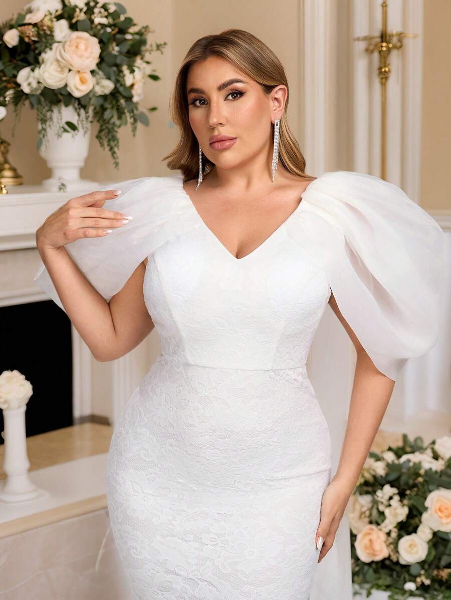 SHEIN Belle Vestido de novia elegante y romántico, de talla grande, con cuello en V, mangas abultadas, lazo y cola, de encaje blanco vintage