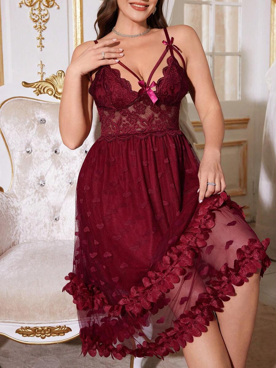 Camisón de talla grande con cuello en V profundo, decoración de moño y dobladillo doble