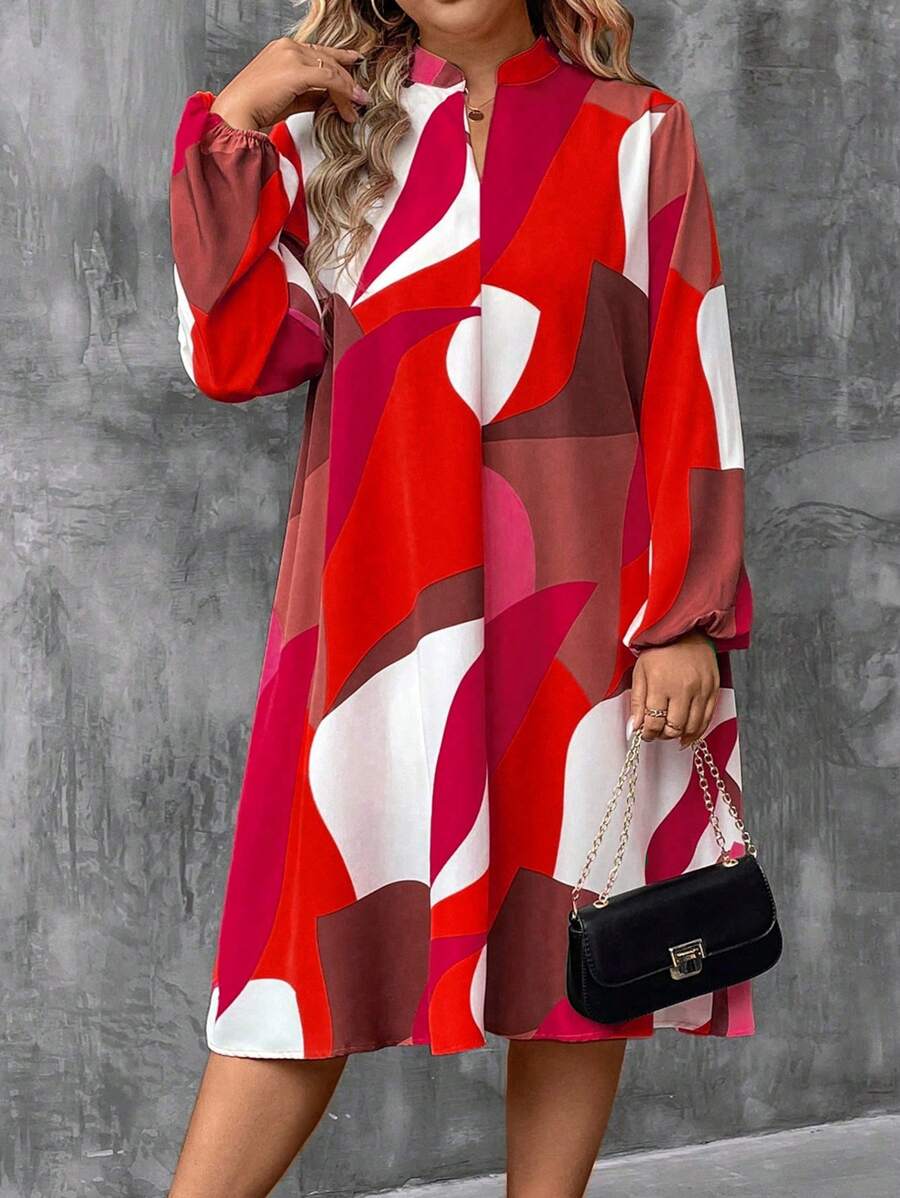 Plus Size Casual Commuter Colorblock Printed Lantern Sleeve Dress