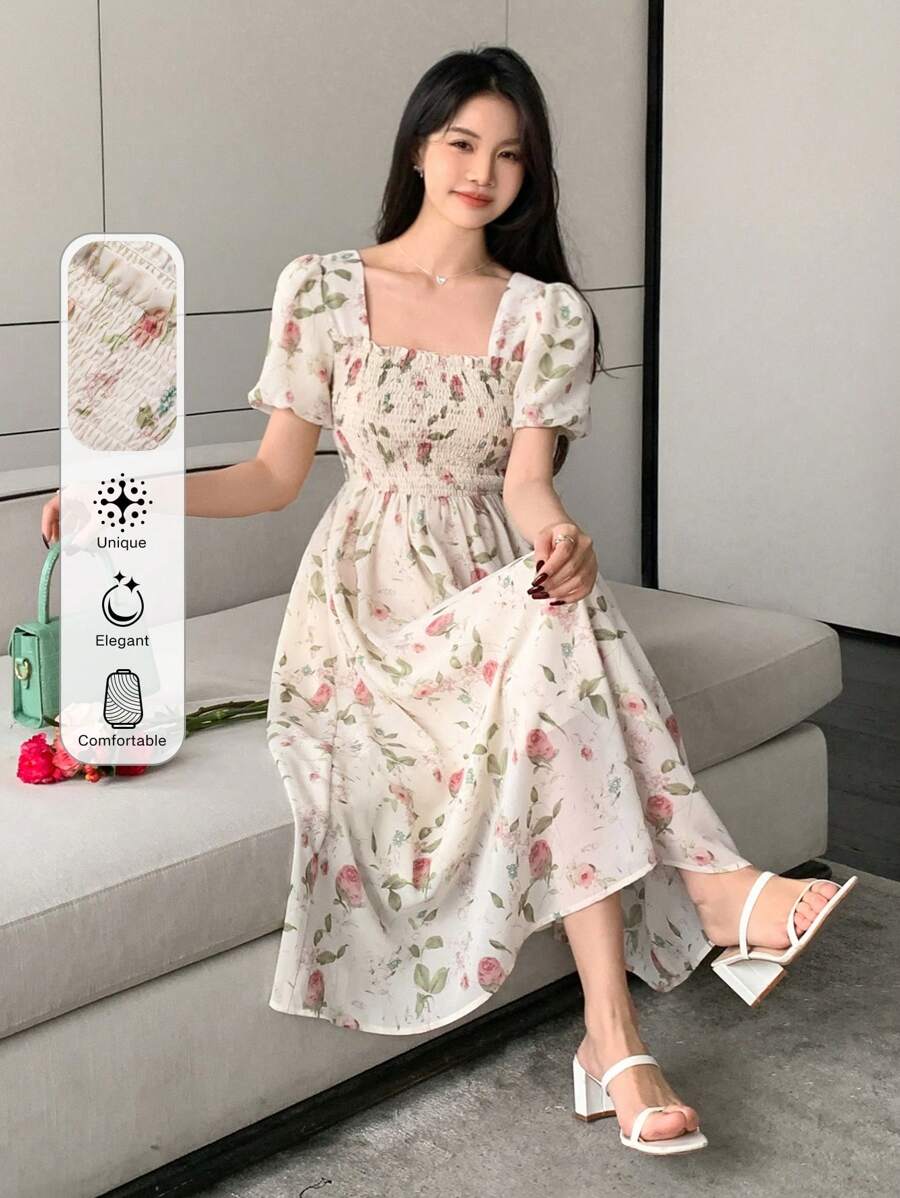 DAZY Robe d'été imprimée de fleurs avec encolure carrée et taille froncée, robe de fermière sundress pour femmes