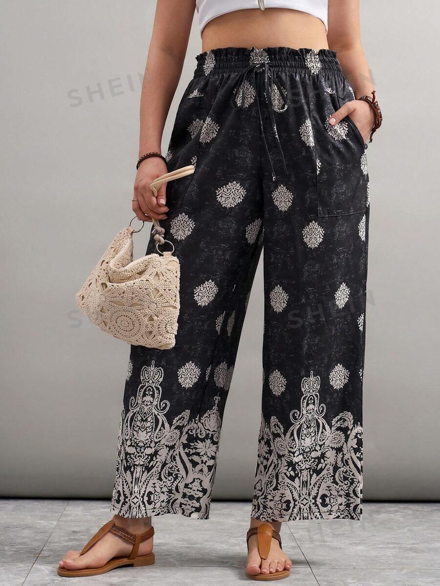 SHEIN LUNE Pantalones anchos con bolsillos y cintura con nudo con estampado floral para mujer de talla grande, conjunto para vacaciones