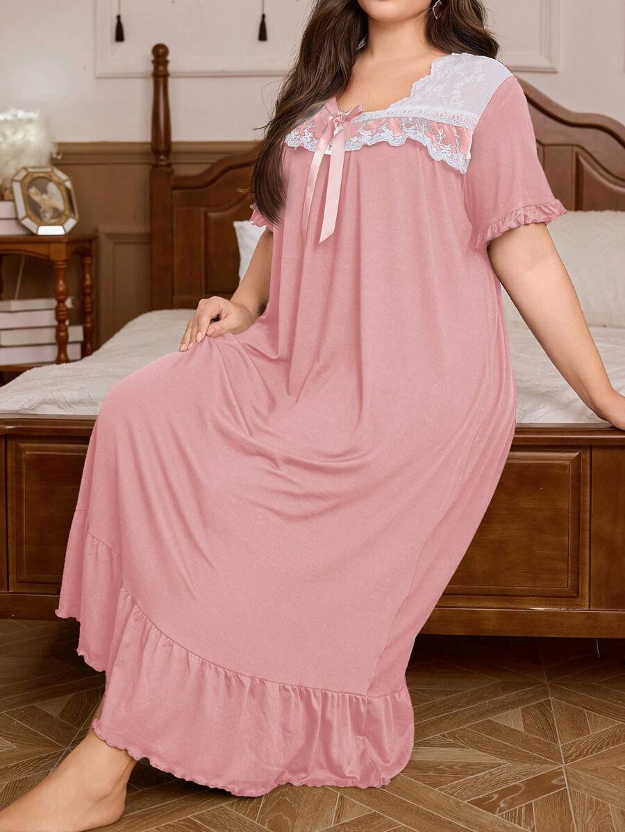 Trezura Plus Size Soft & Comfortable Knit Midi Dress With French Vintage Gown Inspired Floral Lace & Mesh Panels, Casual Loungewear, Pale Pink
