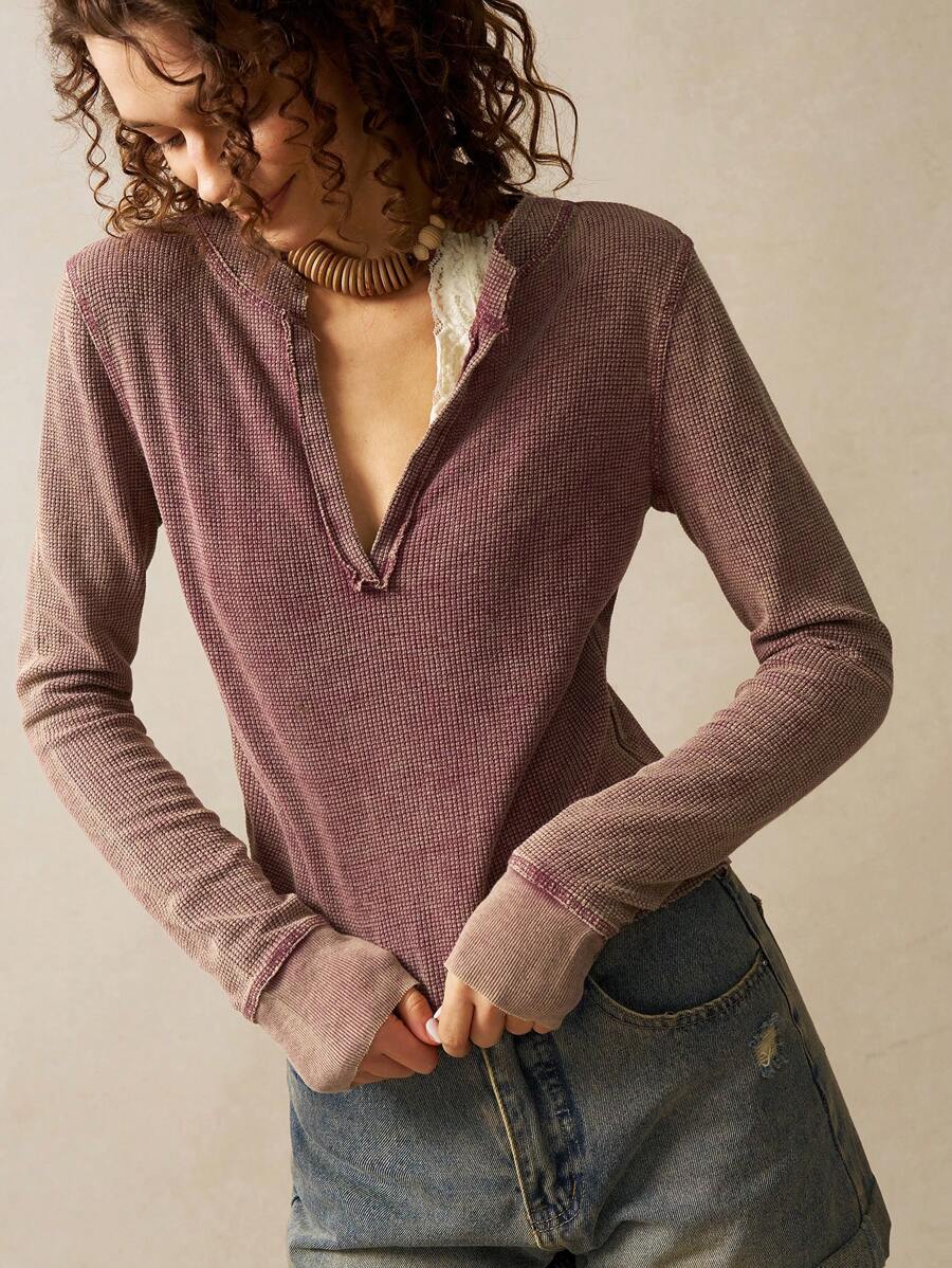 Bohemela Women V-Neck Long Sleeve T-Shirt, Vacation Theme, Autumn
