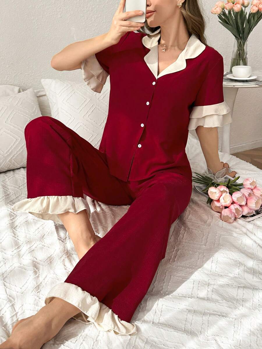 Contrast Color Ruffled Collar Button Front Short Sleeve Pajama Set For Women