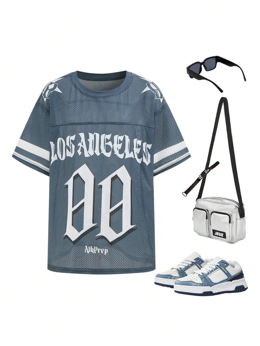 SHEIN Tween Boy Casual Veelzijdig Comfortabel Letter & Nummer Grafische Print Oversized Ronde Hals Gebreid T-shirt, Geschikt Voor School, Dagelijks Casual, Reizen, Sport, Lente/Zomer/Herfst/Winter