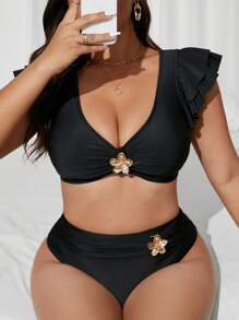 Swim Chiccia طقم إطار معدني بتصميم مريح للسباحة للنساء بحجم كبير بقطعتين، بياقة على شكل حرف V