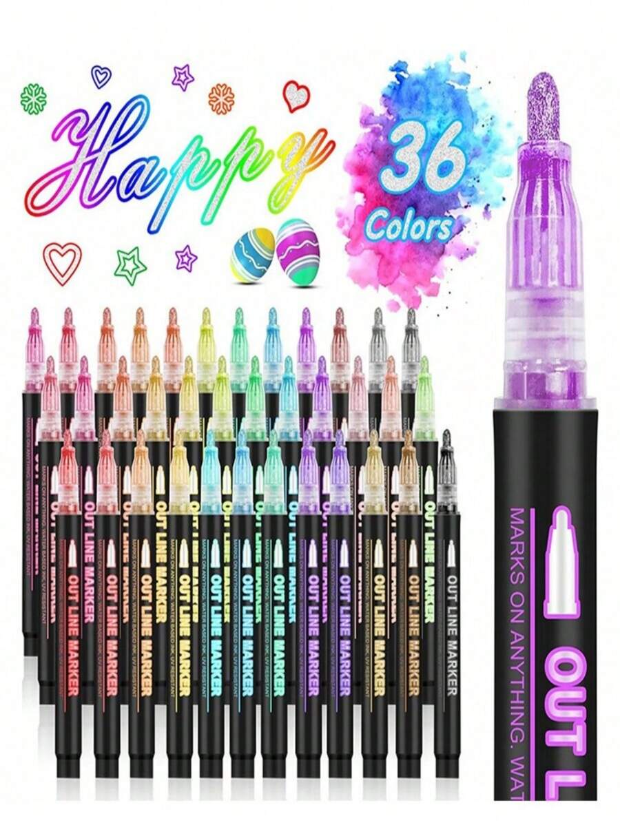 SHEIN 8/12/24/36/48 Couleurs de stylos de contour double ligne, marqueurs métalliques d'auto-contour, stylos scintillants pour écriture et dessin, pour cartes de Noël, artisanat DIY