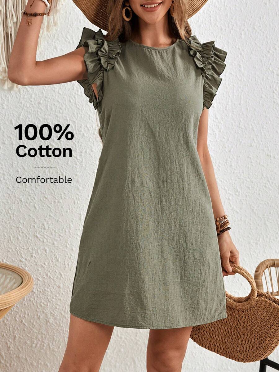 SHEIN JORESS Holiday Woven Solid Color Ruffle Trim Embellishment Women Dresses