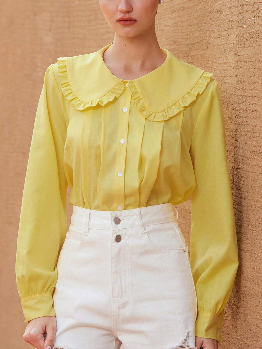 Aveloria Rosie 25 chemises boutonnées jaunes à col claudine ample pour le printemps/été