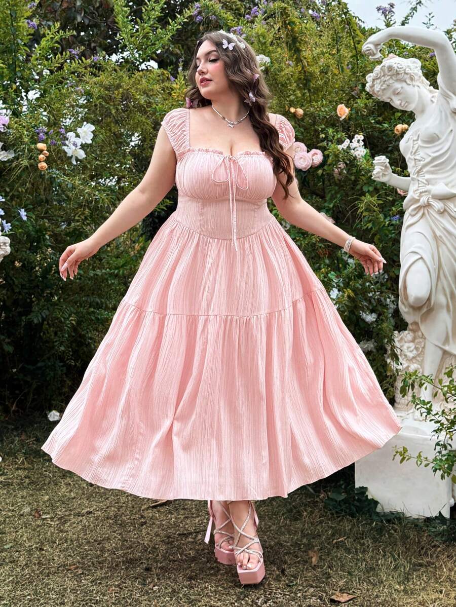 Lyrianda Abito casual vintage rosa con arricciatura in vita per taglie forti, adatto per vacanza, appuntamenti e uso quotidiano, primavera/estate