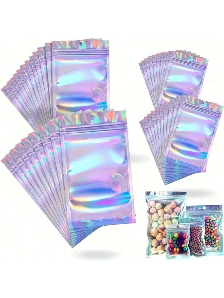 SHEIN 100pcs/Pack Thick 16mil Multicolor Laser Holographic Resealable Packaging Bags, Material, Reusable Zipper Seal Bags, Suitable For Snacks, Seeds, Jewelry, Accessories Packaging Back To School