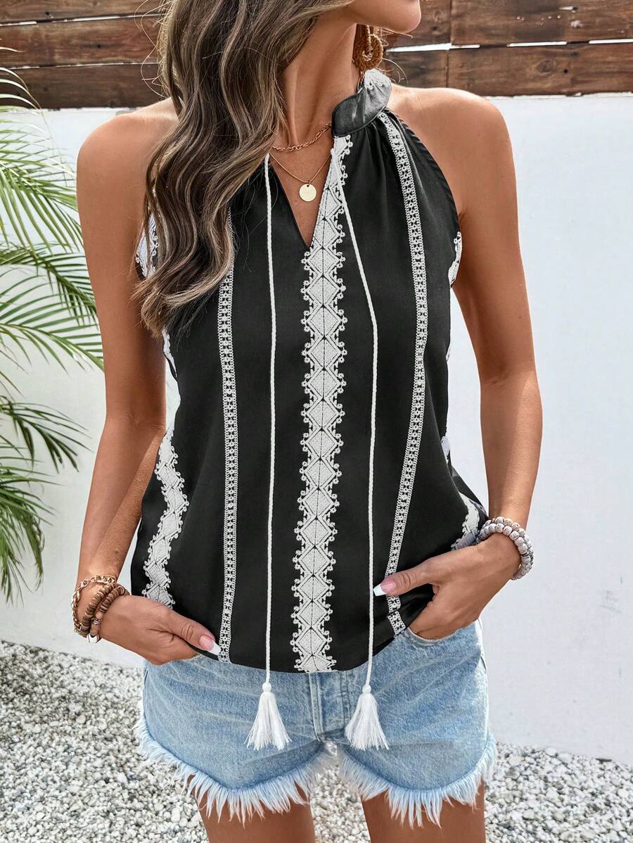 SHEIN LUNE Women's Lace Trim V-Neck Halter Shirt