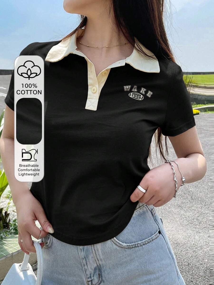 DAZY Letter Graphic Contrast Collar Tee Summer