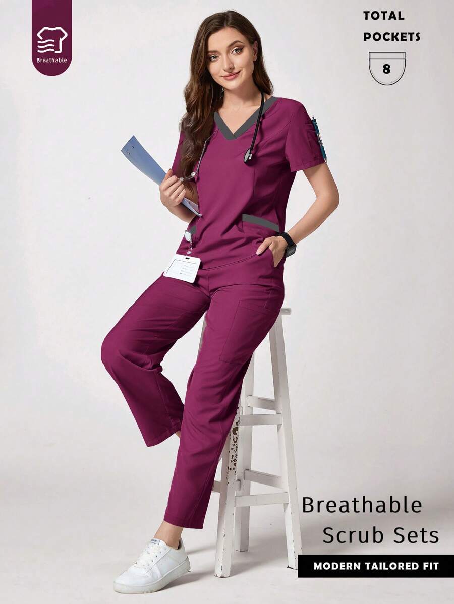 TaskEZ Conjunto de uniforme de enfermería con blusa de cuello en V de manga corta y pantalones en bloques de color para mujer