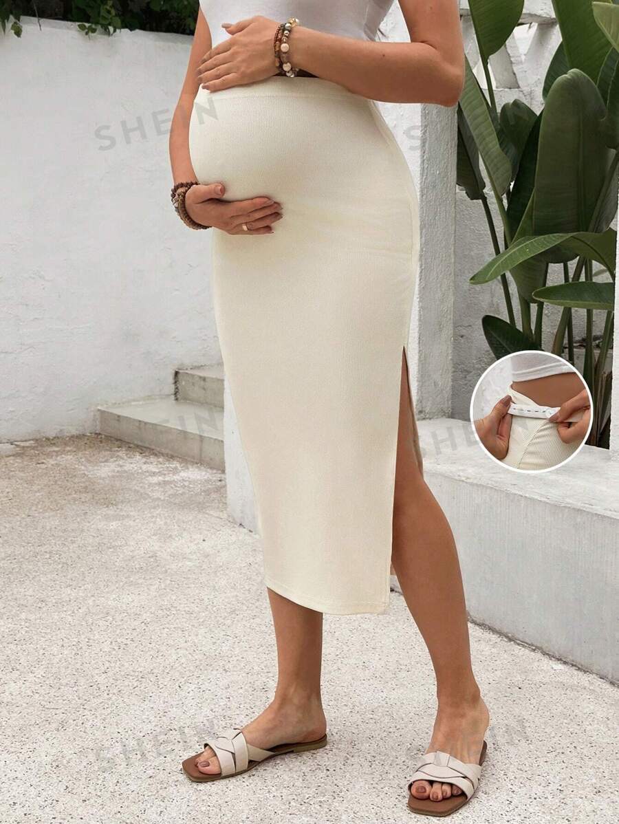 SHEIN Falda larga con abertura y cintura ajustable de unicolor para mujeres embarazadas, con estilo
