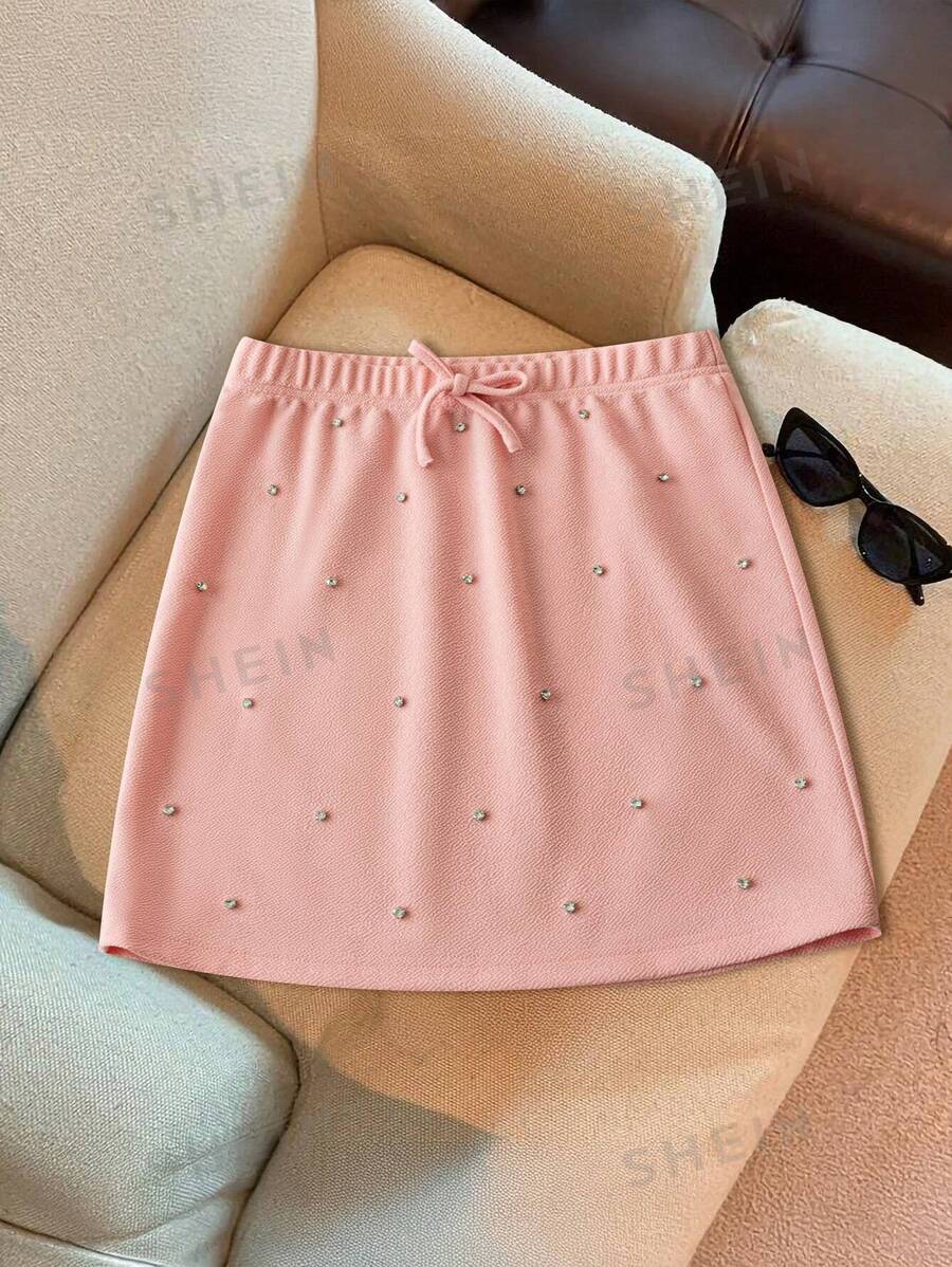 Chiquease Falda elegante para mujer con decoración de rhinestones rosados, ideal para primavera/verano