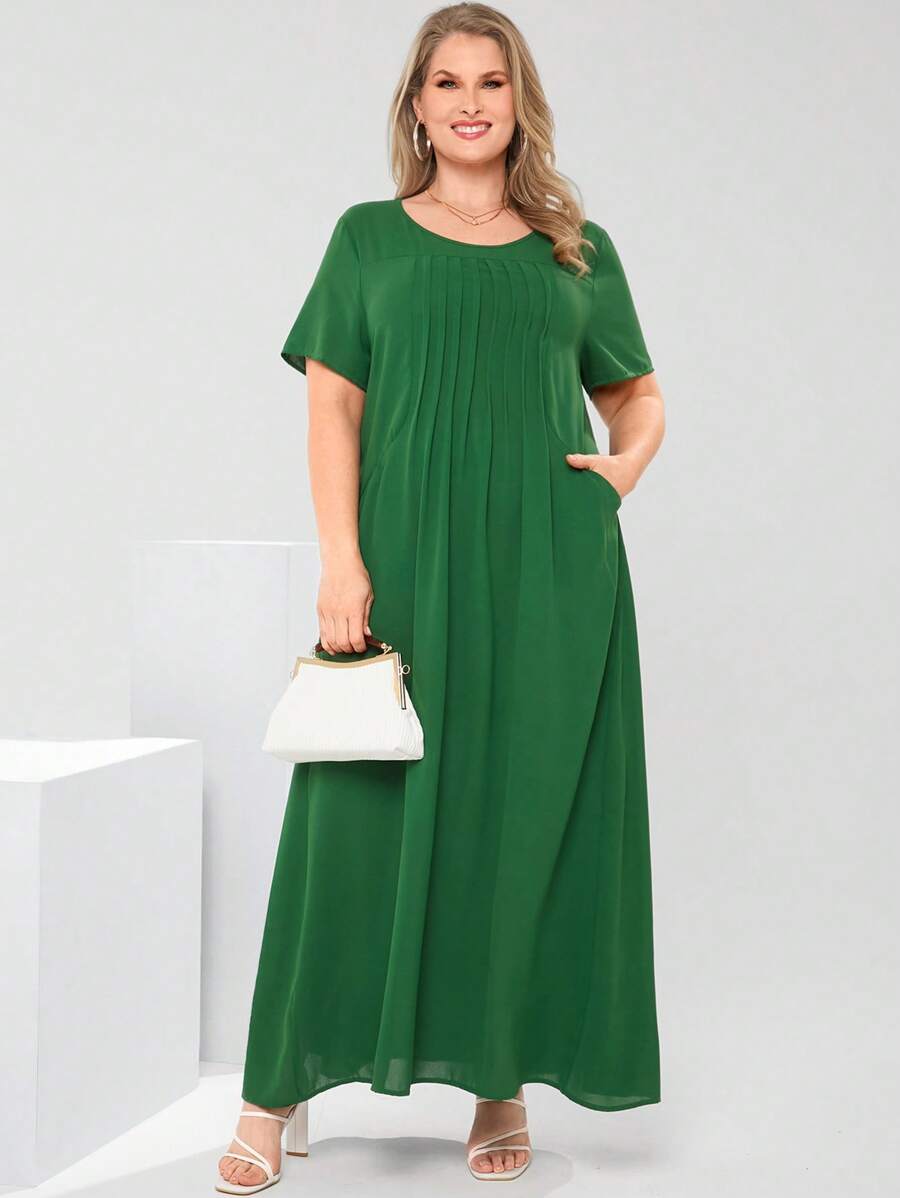 EMERY ROSE Plus Size Women Solid Color Round Neck Short Sleeve Pocketed Pleated Casual Dress Spring Outfits For Women Bridal Shower Dress White Elegant Sage Green