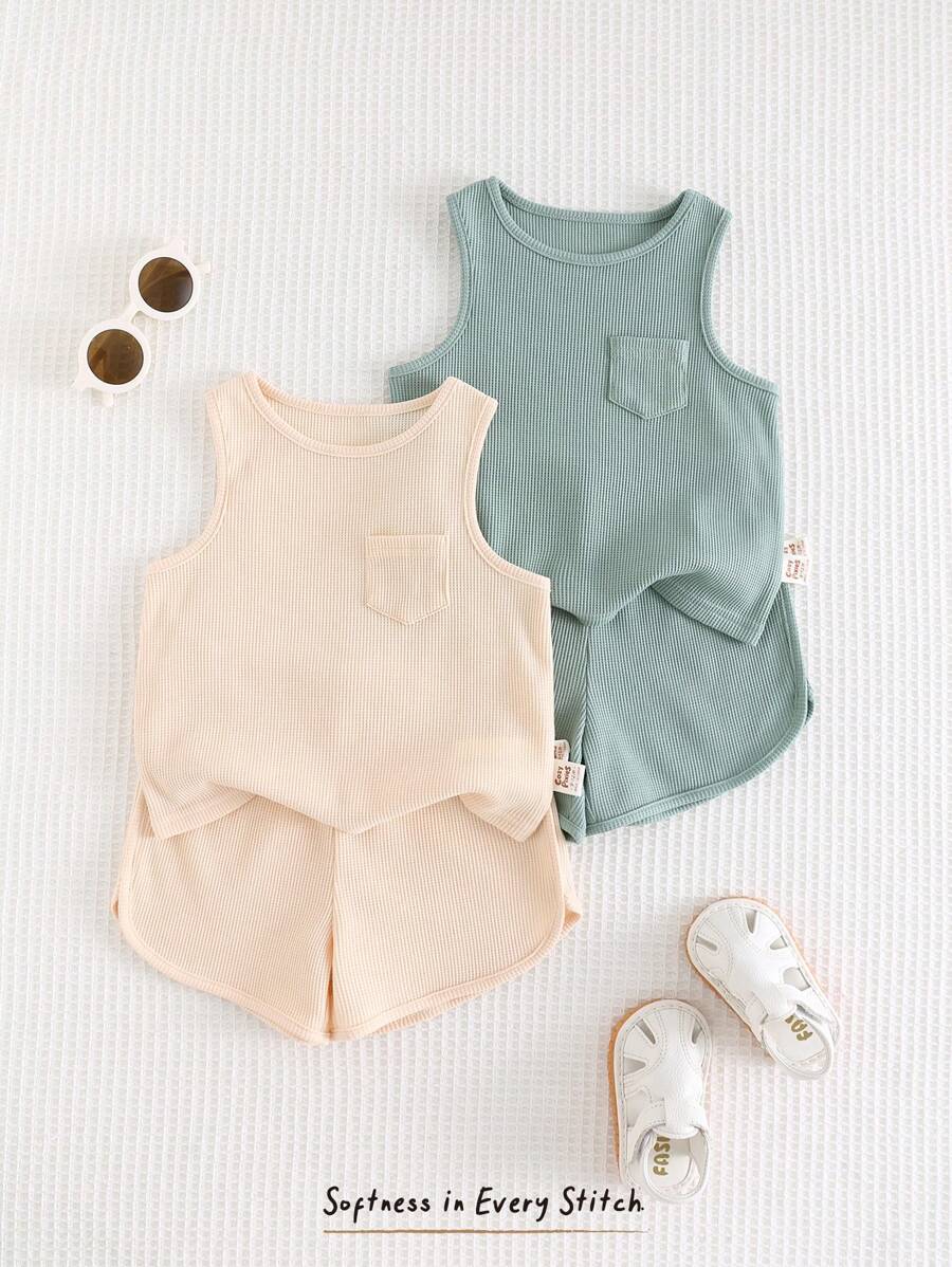 Cozy Pixies 4pcs Baby Boy Set - Solid Color Knitted Soft Round Neck Sleeveless Vest And Elastic Waist Shorts