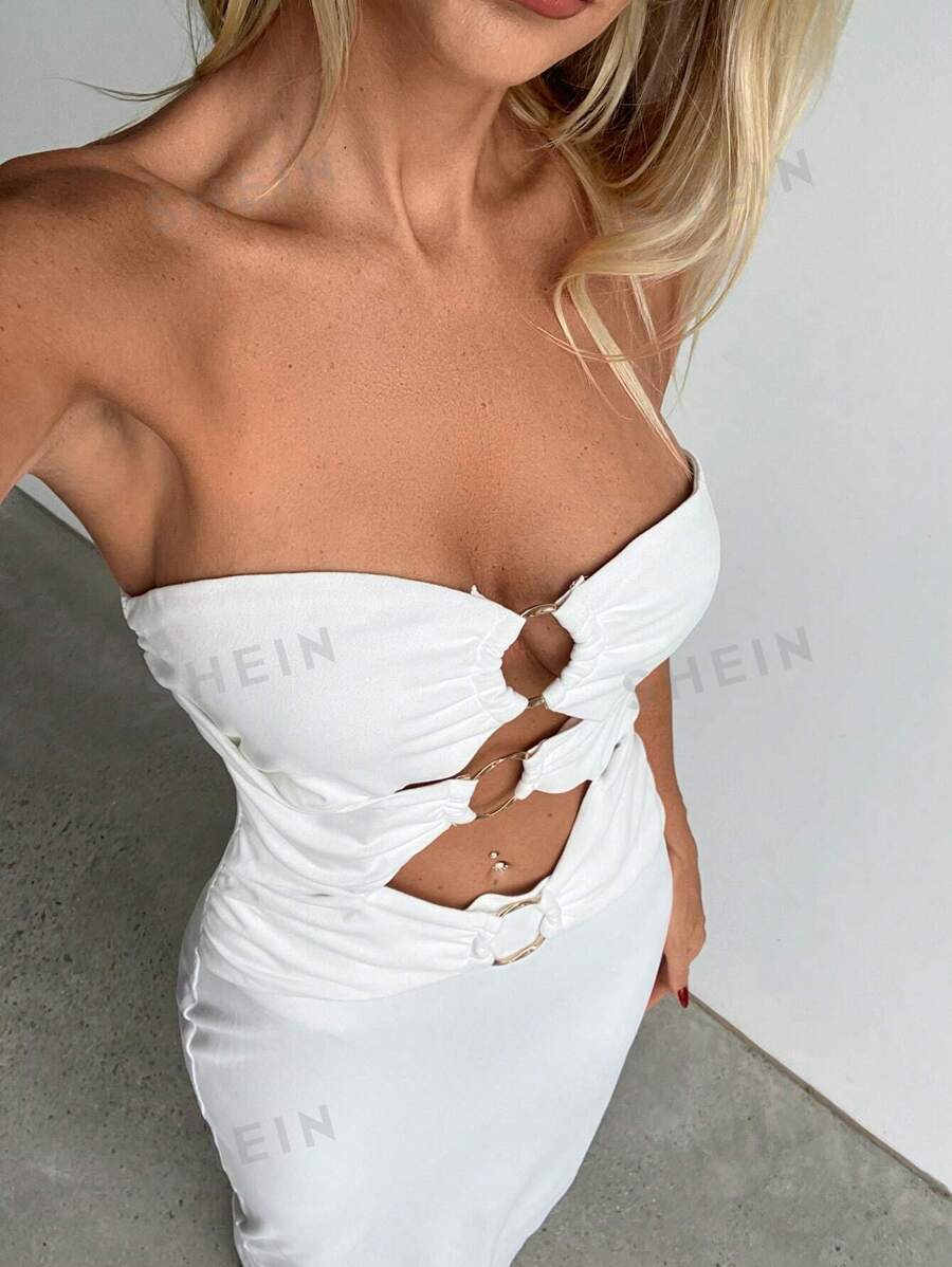 Aloruh Vestidos de mujer con hombros descubiertos, decoración de metal hueco con abertura, vestidos de primavera, vestidos de graduación, vestidos de Pascua, vestidos de playa, vestidos blancos, vestidos largos