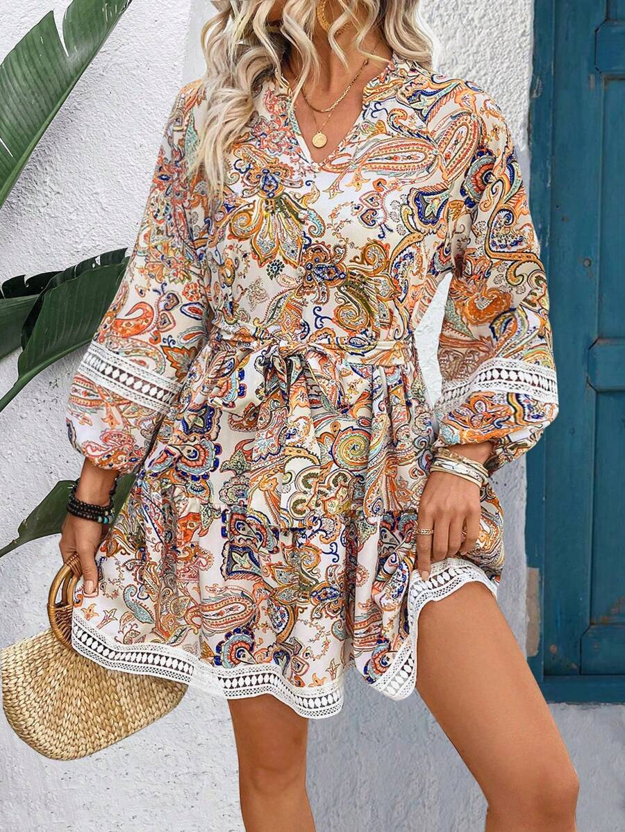 SHEIN LUNE Women V-Neck Long Sleeve Front Tie Print Casual Short Dress