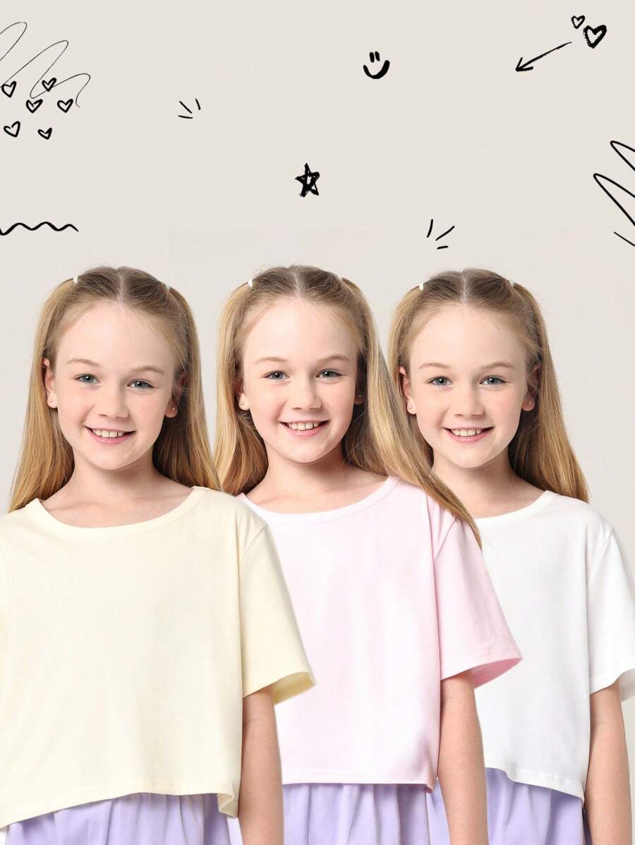 SUMWON 3 Paquetes de camisetas básicas de corte corto para niñas preadolescentes, camisetas de manga corta de mezcla de algodón suave para el verano y la primavera, ropa casual de colores pastel para el fin de semana