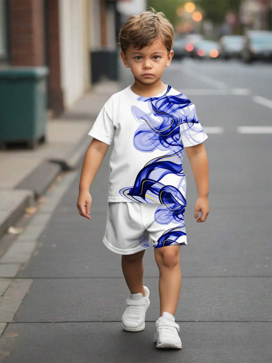 SHEIN 2pcs/Set Young Boy Casual Minimalist Round Neck Short Sleeve Top And Shorts Set, Suitable For Summer