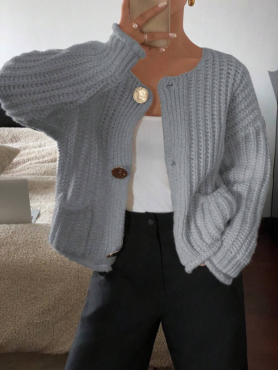 SHEIN Frenchy Chaqueta larga de punto de un solo abotonadura de manga larga y hombros caídos, de unicolor, para mujer, para otoño/invierno