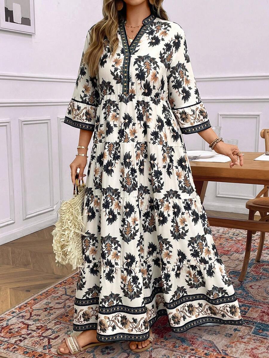 SHEIN LUNE Plus Size Women Floral Print V-Neck 3/4 Ruffle Sleeve Casual Vacation Dress Sun Dress Holiday Festival