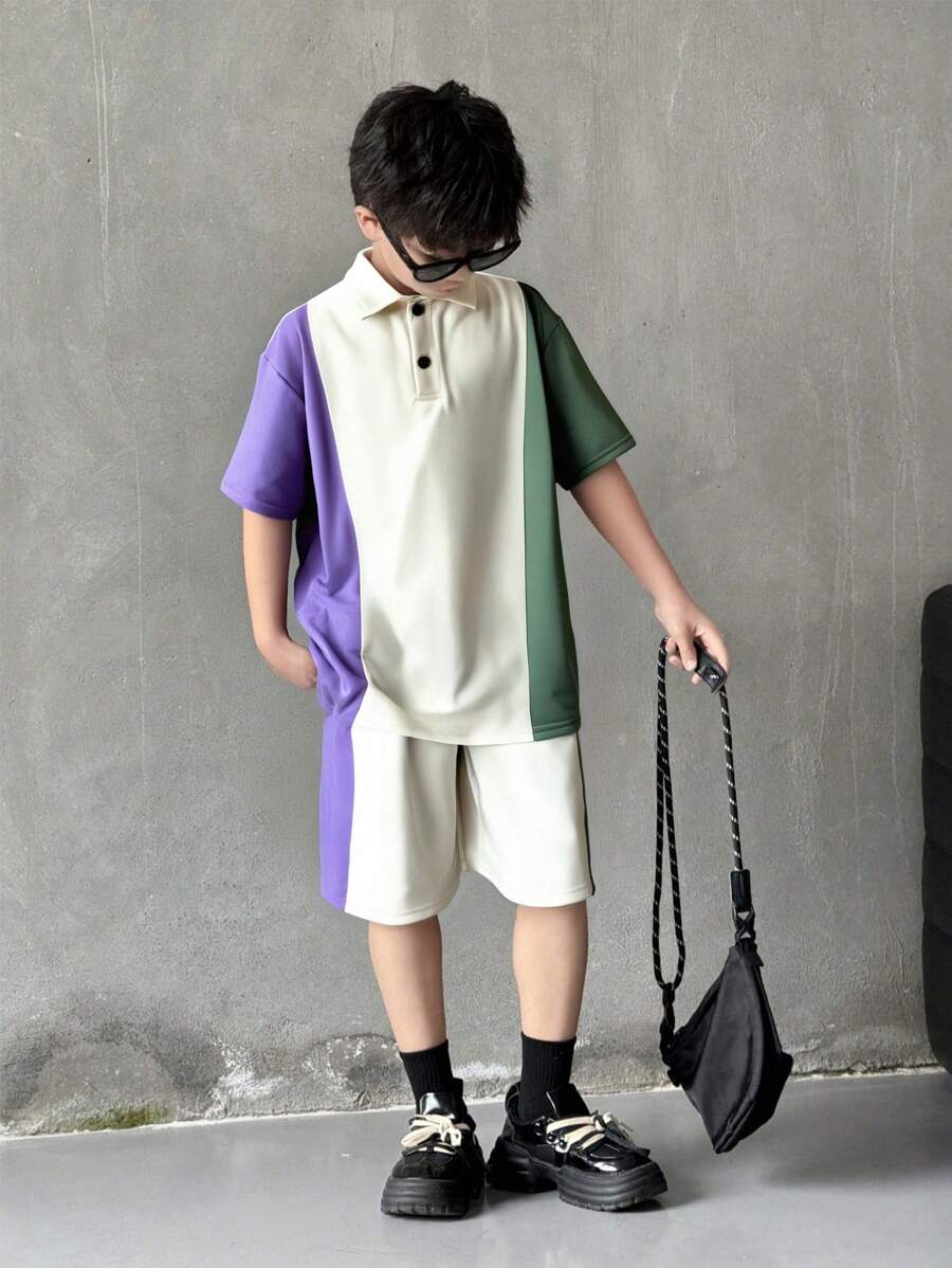 SHEIN 2pcs Tween Boys Casual School/College Contrast Color Block Polo Collar Shirt With Shorts Set, Suitable For Commuting, School, Everyday Casual, Sports, Spring/Summer