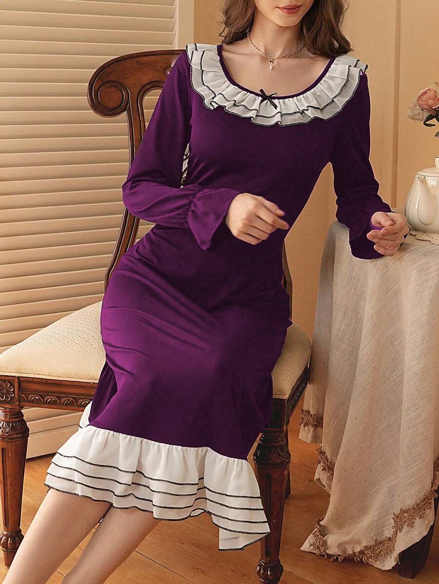 Côtesoire French Romantic Contrast Color Ruffle Hem Women Housedress Holiday Season, Vacation